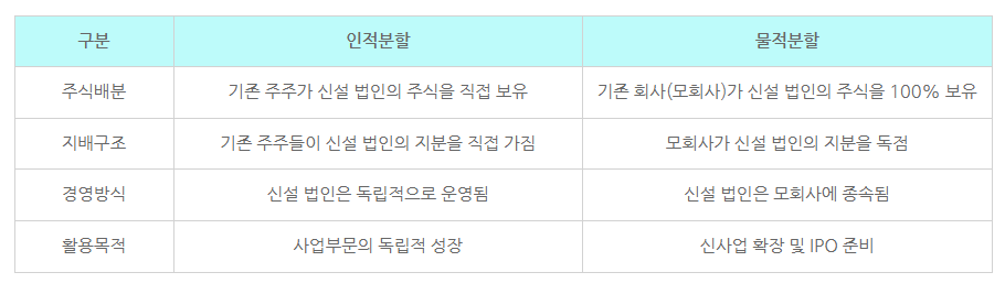 인적분할과 물적분할 비교